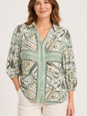 Gigio multi-print scarf button-down blouse equestrian-inspired women’s top s1